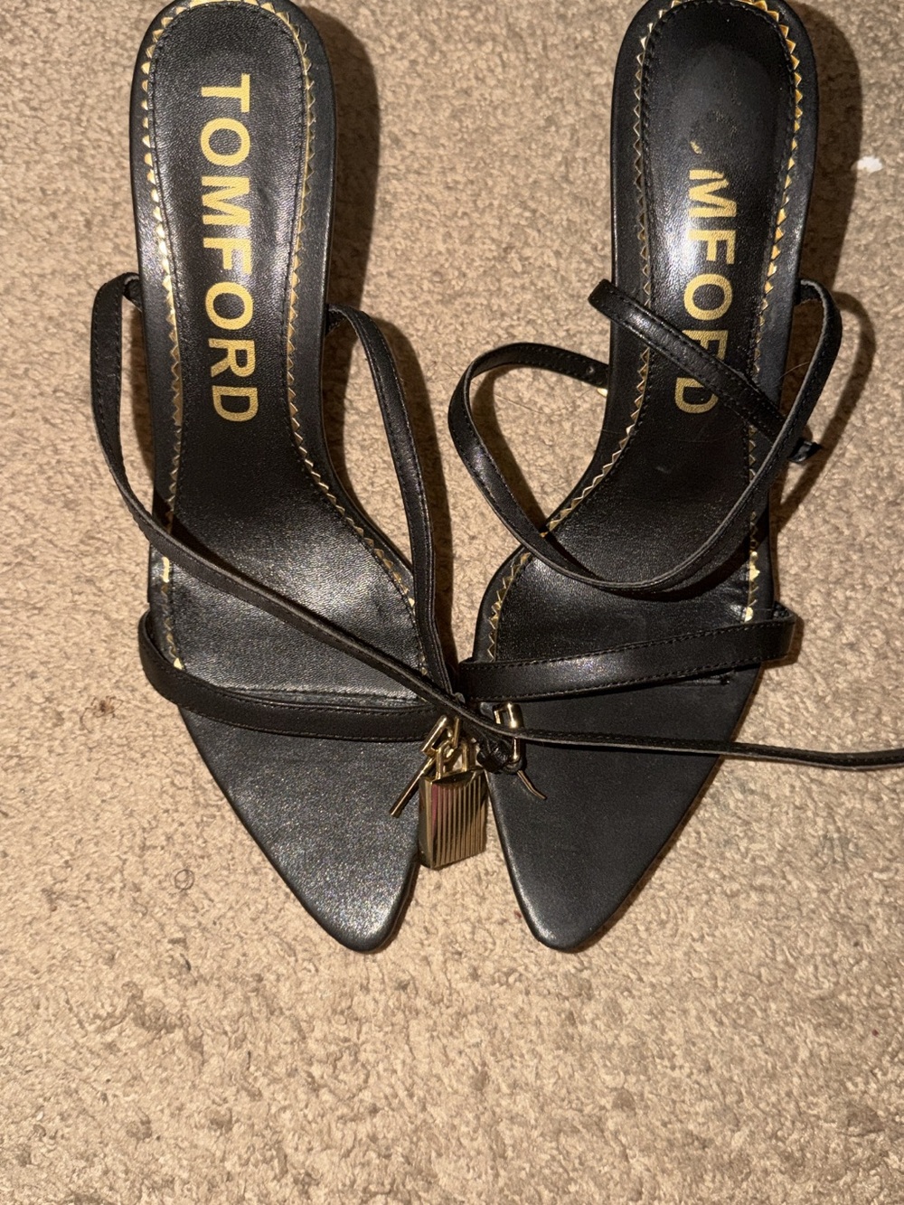 Tom Ford Black Leather Strappy Pointed-Toe Heels with Gold Charm